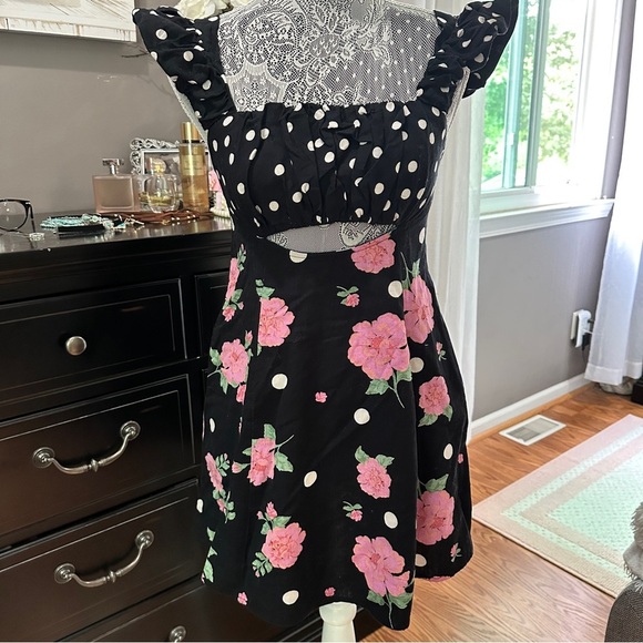 Free People Bom Bom Mini Dress | Black Floral Polka Dot Cutout Back | Size Small - Picture 4 of 13
